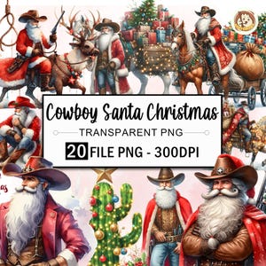 Watercolor Cowboy Santa Christmas Clipart, 20 PNG Wild West Western Clipart, Christmas Santa Claus Png Bundle, Xmas Clipart, Commercial Use