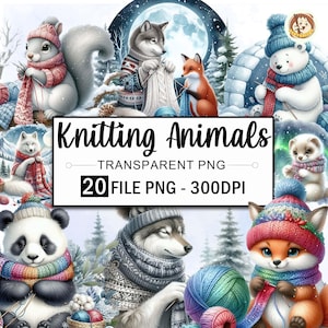Watercolor Knitting Animals Clipart, 20 PNG Christmas Animal Clipart, Winter Animal Png Bundle, Christmas Clipart, Commercial Use