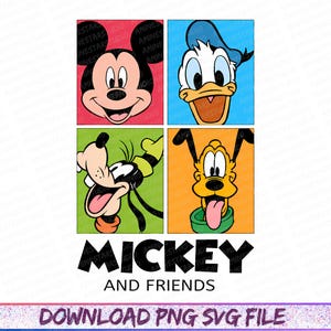 May include: A colorful graphic featuring Mickey Mouse, Donald Duck, Goofy, and Pluto in individual squares. The words "MICKEY AND FRIENDS" are below the characters, with "DOWNLOAD PNG SVG FILE" at the bottom.