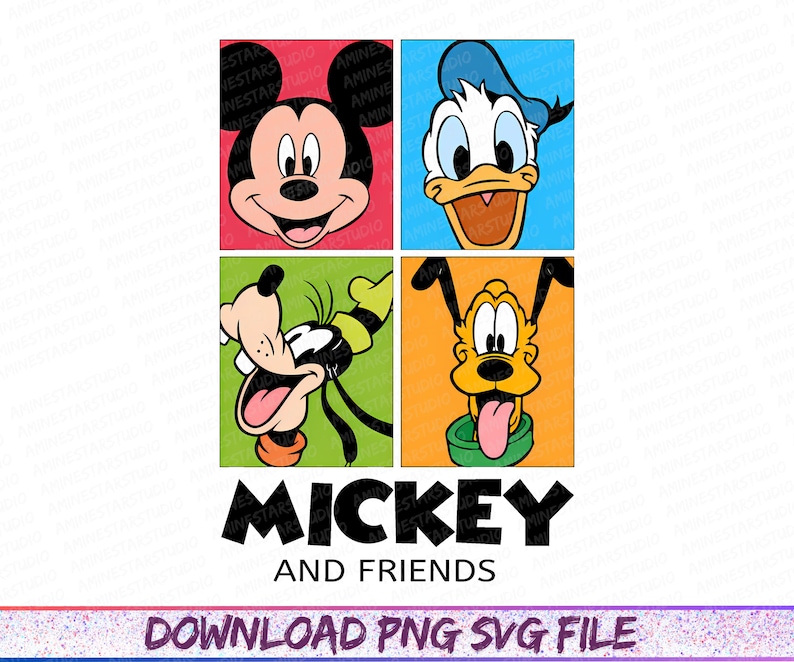 Puede incluir: Un gr&aacute;fico colorido con Mickey Mouse, el Pato Donald, Goofy y Pluto en cuadrados individuales. Las palabras "MICKEY AND FRIENDS" est&aacute;n debajo de los personajes, con "DOWNLOAD PNG SVG FILE" en la parte inferior.