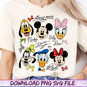May include: Cream-colored t-shirt featuring cartoon character faces including Mickey Mouse, Pluto, Goofy, Donald Duck, Daisy Duck, and Minnie Mouse. The shirt has the characters' names and signatures. The text "DOWNLOAD PNG SVG FILE" is at the bottom.