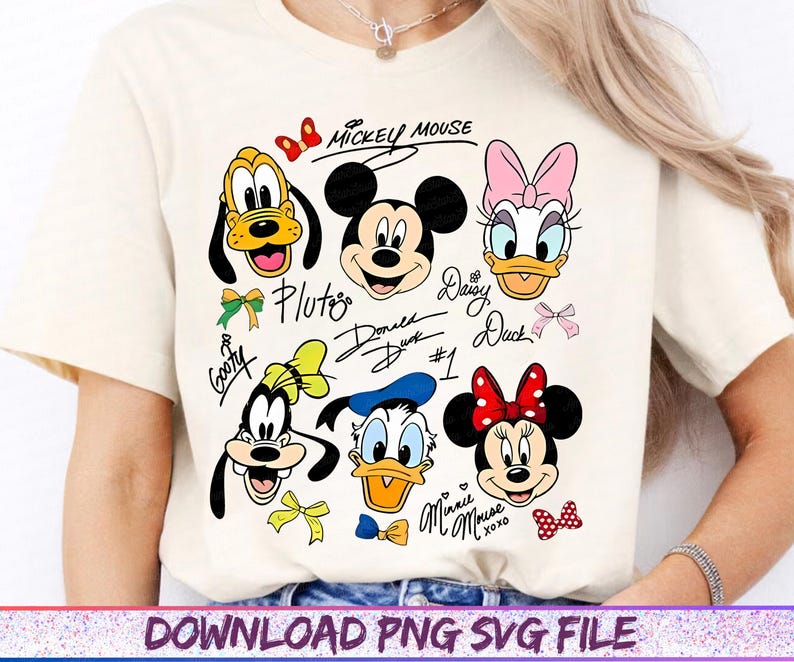 May include: Cream-colored t-shirt featuring cartoon character faces including Mickey Mouse, Pluto, Goofy, Donald Duck, Daisy Duck, and Minnie Mouse. The shirt has the characters' names and signatures. The text "DOWNLOAD PNG SVG FILE" is at the bottom.