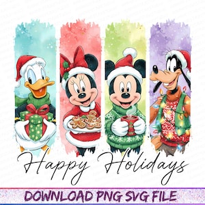 May include: A festive graphic featuring Donald Duck, Minnie Mouse, Mickey Mouse, and Goofy in holiday attire. Donald holds a gift, Minnie carries gingerbread cookies, Mickey has a mug, and Goofy is adorned with lights. The words "Happy Holidays" are written below.