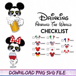 Könnte beinhalten: Digitalgrafik mit Mickey und Minnie Mouse mit Sonnenbrille, die ein Bier und ein Weinglas halten. Der Text lautet "Drinking Around The World Checklist" mit Länderflaggen und Mickey Mouse-Symbolen.