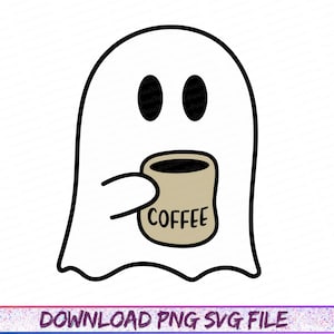 May include: A cartoon ghost illustration holding a coffee mug. The ghost is white with black eyes and a black outline. The beige coffee mug has the word "COFFEE" in black letters. The bottom of the image has the text "DOWNLOAD PNG SVG FILE".