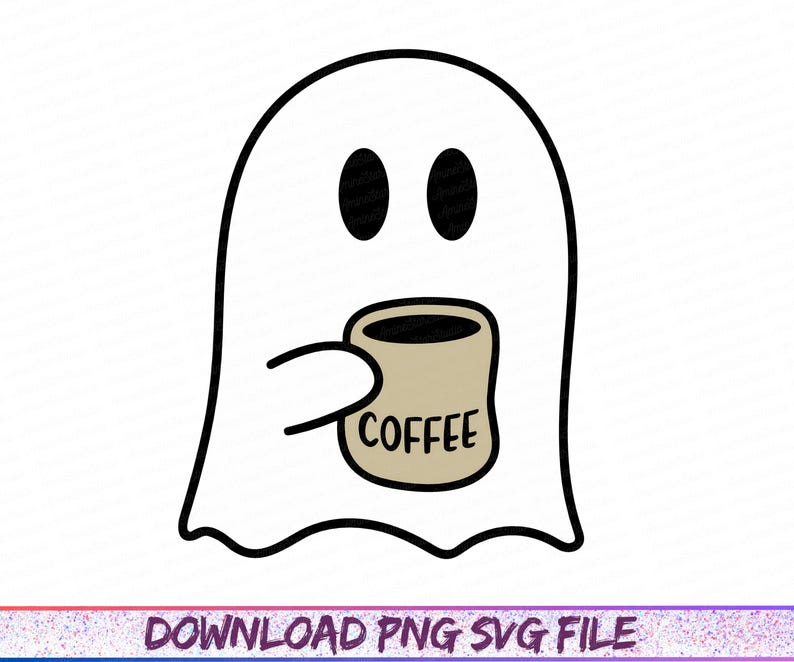 May include: A cartoon ghost illustration holding a coffee mug. The ghost is white with black eyes and a black outline. The beige coffee mug has the word "COFFEE" in black letters. The bottom of the image has the text "DOWNLOAD PNG SVG FILE".