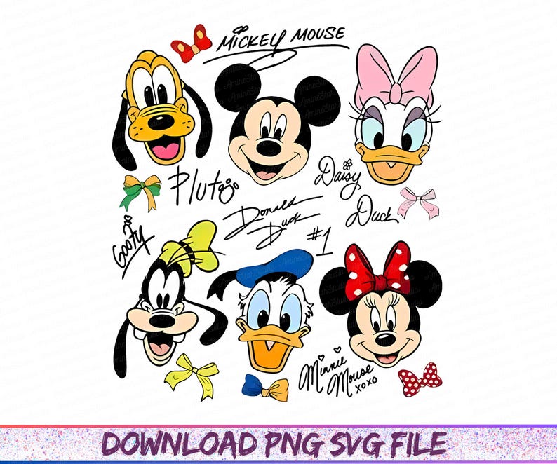 May include: A collection of cartoon character faces, including Mickey Mouse, Minnie Mouse, Donald Duck, Daisy Duck, Goofy, and Pluto, with their names in cursive. The image features a white background and colorful accents like bows and butterflies.