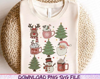 Retro Christmas PNG Doodle Collage Christmas Tree Hot Chocolate Coquette Preppy Bow Santa Distressed grunge candy cane Gingerbread Country