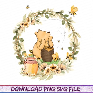 Classic Winnie the Pooh Woodland baby Clipart, Cute image, wild flowers, transparent clipart download, sublimation print watercolor graphic