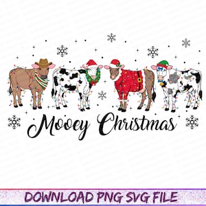 May include: A whimsical illustration of five cows decorated for Christmas. Each cow wears festive attire, including hats, scarves, and fairy lights. The phrase "Moovey Christmas" is written below, with snowflakes adding to the holiday theme.