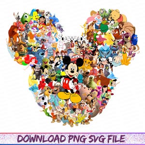 Könnte beinhalten: Eine farbenfrohe Collage von Disney-Charakteren, die in Form des Kopfes von Mickey Mouse angeordnet sind. Das Bild zeigt Charaktere aus verschiedenen Disney-Filmen, darunter Mickey Mouse, Arielle und Winnie Puuh. Der Text "DOWNLOAD PNG SVG FILE" befindet sich unten.
