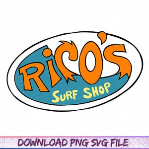 May include: A cartoon logo for Rico's Surf Shop. The logo is an oval shape with a teal blue interior and a white border. The text "Rico's" is in orange, and "SURF SHOP" is in yellow. The words "DOWNLOAD PNG SVG FILE" are at the bottom.