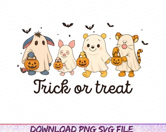 Bear and Friends Trick Or Treat Png, Kids Halloween Png, Winnie The Pooh Png, Ghost Halloween Png, Funny Halloween Png, Spooky Season Png