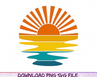 Retro Sunset Rays Wavy Water svg png pdf psd jpg Files Clipart Ocean Waves Sun Rays Orange Blue Yellow Teal Commercial License Graphic