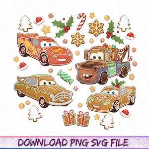 May include: A festive illustration featuring gingerbread car characters from the movie Cars, decorated with Christmas-themed icing. Includes Lightning McQueen, Mater, and other car designs, surrounded by gingerbread cookies, candy canes, and holly.
