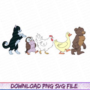 以下が含まれることがあります： 白黒の猫、茶色のフクロウ、白い鶏、黄色のアヒル、茶色のクマが並んで歩いている漫画のイラスト。テキスト「DOWNLOAD PNG SVG FILE」が下にあります。