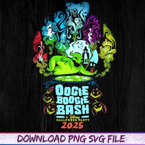 以下が含まれることがあります： Oogie Boogie Bash ハロウィーンパーティー2025のカラフルなグラフィック。デザインは、さまざまなディズニーの悪役、大釜、カボチャが特徴です。「Oogie Boogie Bash」のテキストが目立ち、ディズニーのロゴと「2025」が下に表示されています。