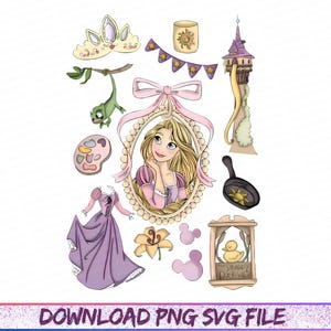 May include: A collection of illustrated elements from a fairy tale, including a princess portrait, a tower, a frying pan, a dress, and a chameleon. The color palette includes pink, purple, yellow, and green, with a decorative frame and banner.