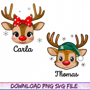 May include: Two cartoon reindeer heads with brown antlers and large eyes. One reindeer wears a red bow with white polka dots and the name "Carla" below. The other reindeer wears a green hat and the name "Thomas". Snowflakes are scattered around the reindeer.