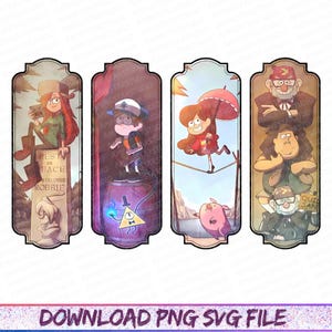 May include: Four rectangular Gravity Falls character designs. Wendy, Dipper, Mabel, and Stan are featured in colorful illustrations. The bottom of the image reads "DOWNLOAD PNG SVG FILE".