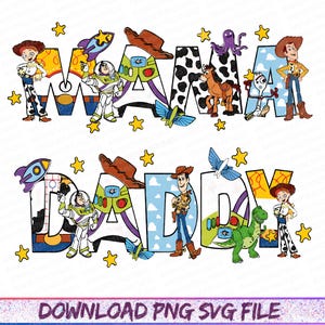 Könnte beinhalten: Farbenfrohe Grafik mit den Wörtern "MAMA" und "DADDY" mit Cartoon-Figuren und Sternen. Die Buchstaben sind mit verschiedenen Mustern und Designs gefüllt, darunter ein Kuhmuster und ein Himmelsmuster. Das Bild hat ein verspieltes und skurriles Thema.