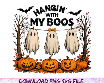 Fantômes suspendus drôles Halloween PNG, conception de chemise Hangin' With My Boos, fantôme d'Halloween Png, sublimation d'Halloween mignon chauve-souris citrouille