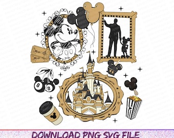 Clipart de parque temático Disney Sketch Mouse, Globos de ratón retro (Png), Boleto mágico (Png), Vacaciones familiares, Castillo de ratón (Png), Ratón comiendo (Png)