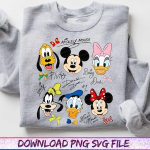 May include: A gray sweatshirt featuring cartoon character faces including Mickey Mouse, Minnie Mouse, Donald Duck, and Pluto. The design includes character names and signatures in black ink, with colorful bows and accents. The text "DOWNLOAD PNG SVG FILE" is at the bottom.