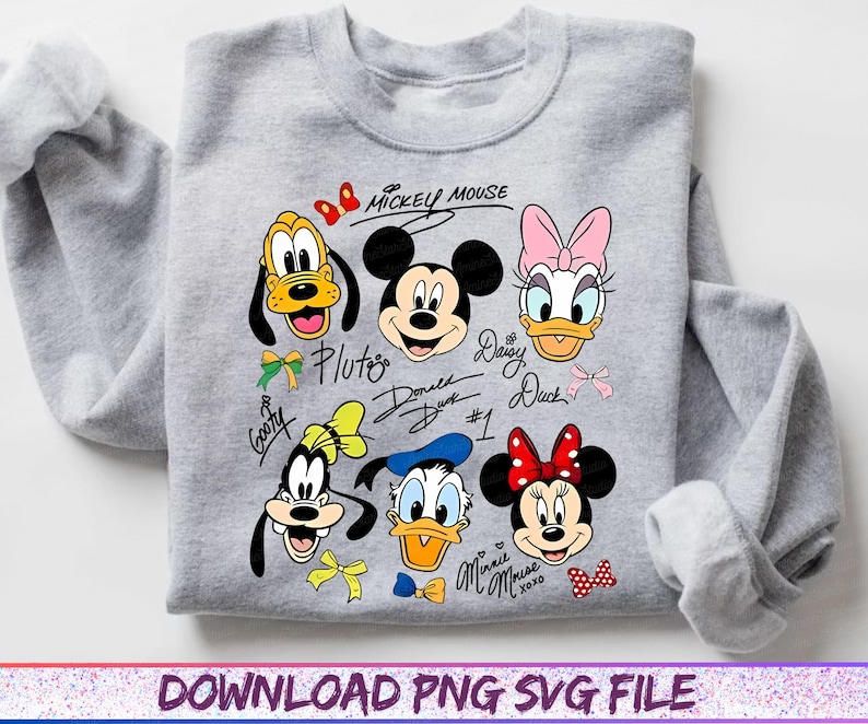 May include: A gray sweatshirt featuring cartoon character faces including Mickey Mouse, Minnie Mouse, Donald Duck, and Pluto. The design includes character names and signatures in black ink, with colorful bows and accents. The text "DOWNLOAD PNG SVG FILE" is at the bottom.
