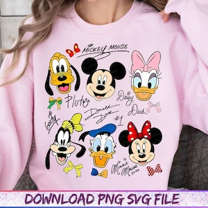 May include: A light pink sweatshirt featuring cartoon character faces of Mickey Mouse, Pluto, Goofy, Donald Duck, Daisy Duck, and Minnie Mouse. The sweatshirt has the text "Mickey Mouse" and character names. The bottom of the sweatshirt has the text "DOWNLOAD PNG SVG FILE".