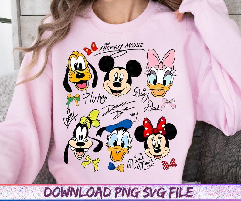 May include: A light pink sweatshirt featuring cartoon character faces of Mickey Mouse, Pluto, Goofy, Donald Duck, Daisy Duck, and Minnie Mouse. The sweatshirt has the text "Mickey Mouse" and character names. The bottom of the sweatshirt has the text "DOWNLOAD PNG SVG FILE".