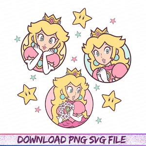 Puede incluir: Tres ilustraciones de dibujos animados de la Princesa Peach de la serie de videojuegos Super Mario. Cada imagen presenta a la Princesa Peach con cabello rubio, un vestido rosa y una corona, rodeada de estrellas y un círculo. El texto "DOWNLOAD PNG SVG FILE" está en la parte inferior.