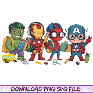 Könnte beinhalten: Illustration von vier Superhelden als Schüler, jeweils mit Rucksäcken und Schulmaterialien. Hulk, Iron Man, Spider-Man und Captain America sind im Cartoon-Stil dargestellt, mit einem gelben Schulbus im Hintergrund.