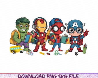 May include: Illustration of four superhero characters as students, each with backpacks and school supplies. The Hulk, Iron Man, Spider-Man, and Captain America are depicted in a cartoon style, with a yellow school bus in the background.