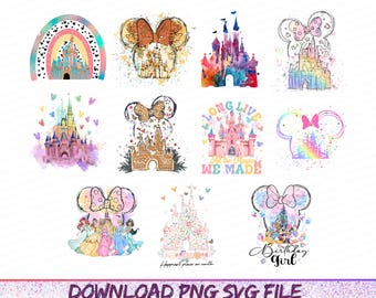 Watercolor Mouse Castle Png Bundle, Mouse Ear Castle Png, Retro Colorful Castle Png, Sublimation Design Png, Magic Kingdom Png, Sublimation