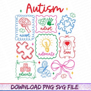 May include: A colorful graphic with the word "Autism" in red script. The design includes various elements within decorative frames: a brain, a heart with handprints, puzzle pieces, a lightbulb, hands holding a heart, ABC blocks, a bow, and the words "accept, adapt, advocate, love, educate".
