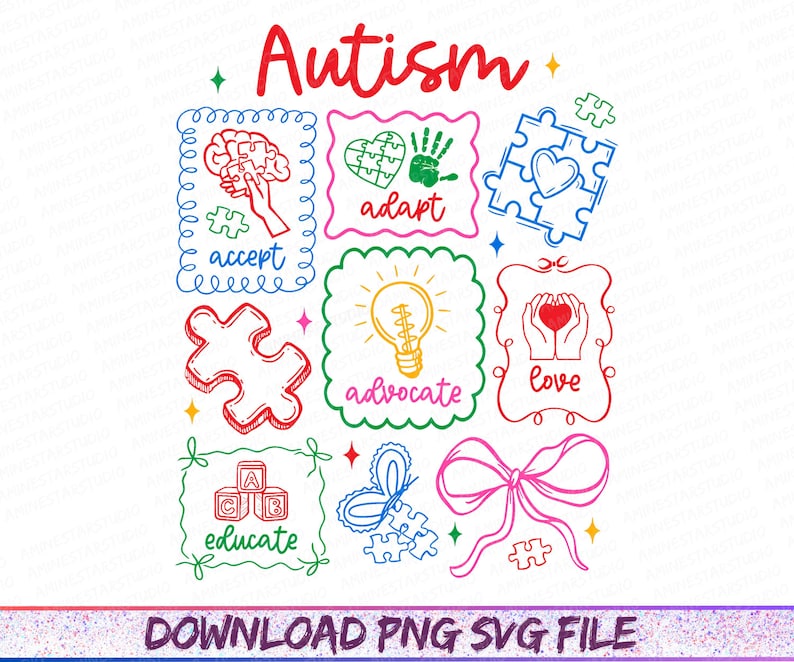 May include: A colorful graphic with the word "Autism" in red script. The design includes various elements within decorative frames: a brain, a heart with handprints, puzzle pieces, a lightbulb, hands holding a heart, ABC blocks, a bow, and the words "accept, adapt, advocate, love, educate".