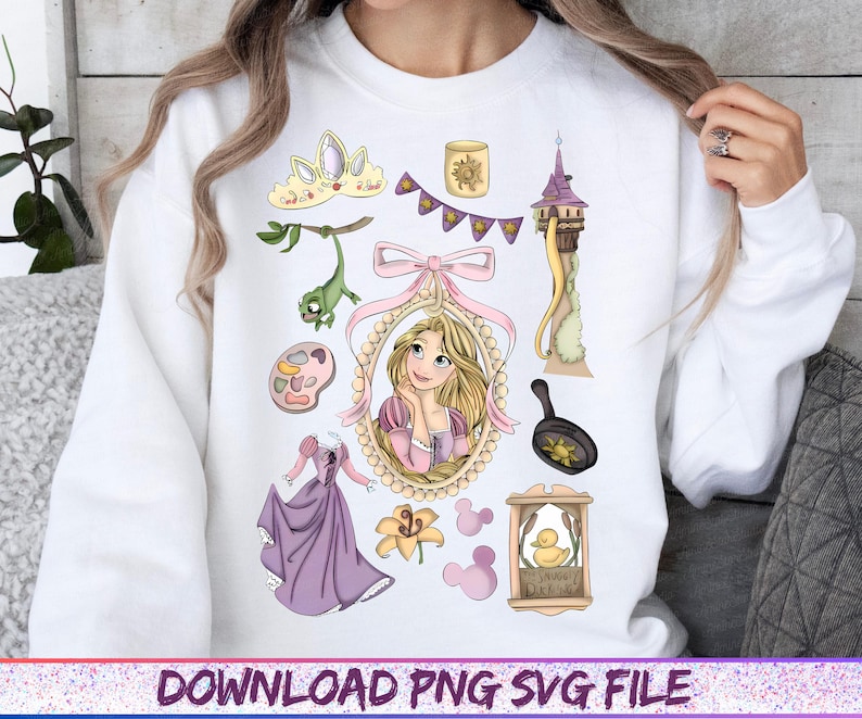 Vintage Disney Tangled Rapunzel Floral Png, Princess Rapunzel Png, Lost Princess Png, Magic Kingdom, Rapunzel Coquette Bows Png File image 2
