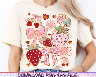 Boho Strawberry Coquette png, preppy aardbeien png, aardbeifestival png, zomeraardbei png, bloemenaardbei png, boho zomer png