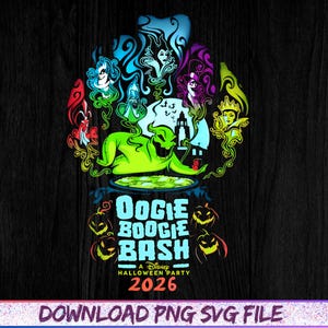 Puede incluir: Un diseño gráfico que muestra a Oogie Boogie de Pesadilla antes de Navidad sobre un caldero, rodeado de varios villanos de Disney en humo colorido. El texto dice OOGIE BOOGIE BASH A DISNEY HALLOWEEN PARTY 2026.