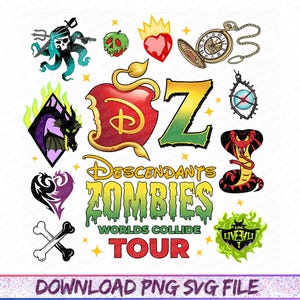 Peut inclure: Une collection de graphiques de dessins animés colorés de la franchise Disney Descendants et Zombies. Comprend une pomme, un dragon, un serpent, un crâne, un cœur, une montre de poche et le texte "Descendants Zombies Worlds Collide Tour".