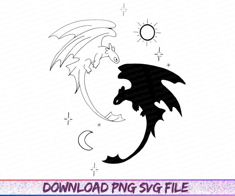 May include: Black and white dragon illustration with a yin-yang design. One dragon is a solid black silhouette, the other is an outline. The image includes a sun, moon, and stars. Text at the bottom reads "DOWNLOAD PNG SVG FILE."