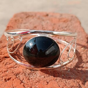 Bracelet manchette ovale en obsidienne noire, bijou bohème en pierre précieuse, bracelet manchette ouvert en cristal de protection