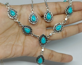 Vintage Turquoise Necklace & Teardrop Earrings Set, Western Boho Choker Necklace, Gift for Her