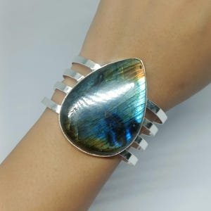 Bracelet manchette en labradorite naturelle en forme de larme, jonc bleu scintillant, bijou à bracelet fendu