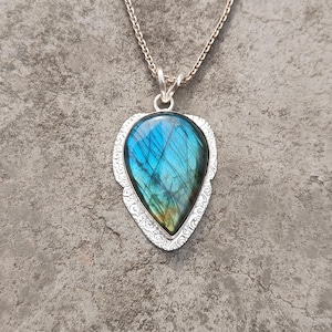 925 Sterling Silver, Handcrafted Labradorite Teardrop Pendant, Blue Fire Gemstone Necklace, Textured Border