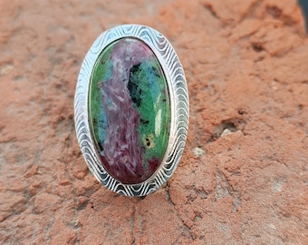 Natural Ruby Zoisite Oval Gemstone Ring, Textured Wave Bezel Statement Ring