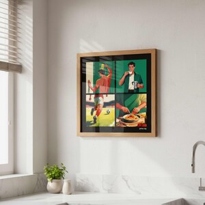 May include: A framed art print with four panels illustrating a "perfect day." The panels show a footballer, a person drinking coffee, and a person eating pasta. The artwork has a retro style and is presented in a wooden frame.