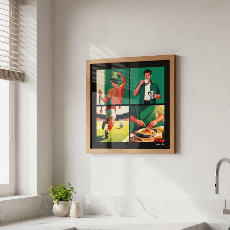 May include: A framed art print with four panels illustrating a "perfect day." The panels show a footballer, a person drinking coffee, and a person eating pasta. The artwork has a retro style and is presented in a wooden frame.
