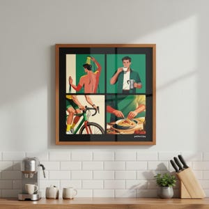 K&ouml;nnte beinhalten: Gerahmter Kunstdruck mit vier Panels, die die t&auml;glichen Aktivit&auml;ten einer Person darstellen. Die Panels zeigen eine Person beim Duschen, Kaffeetrinken, Fahrradfahren und Essen von Pasta. Der Text "perfect day" steht unten.